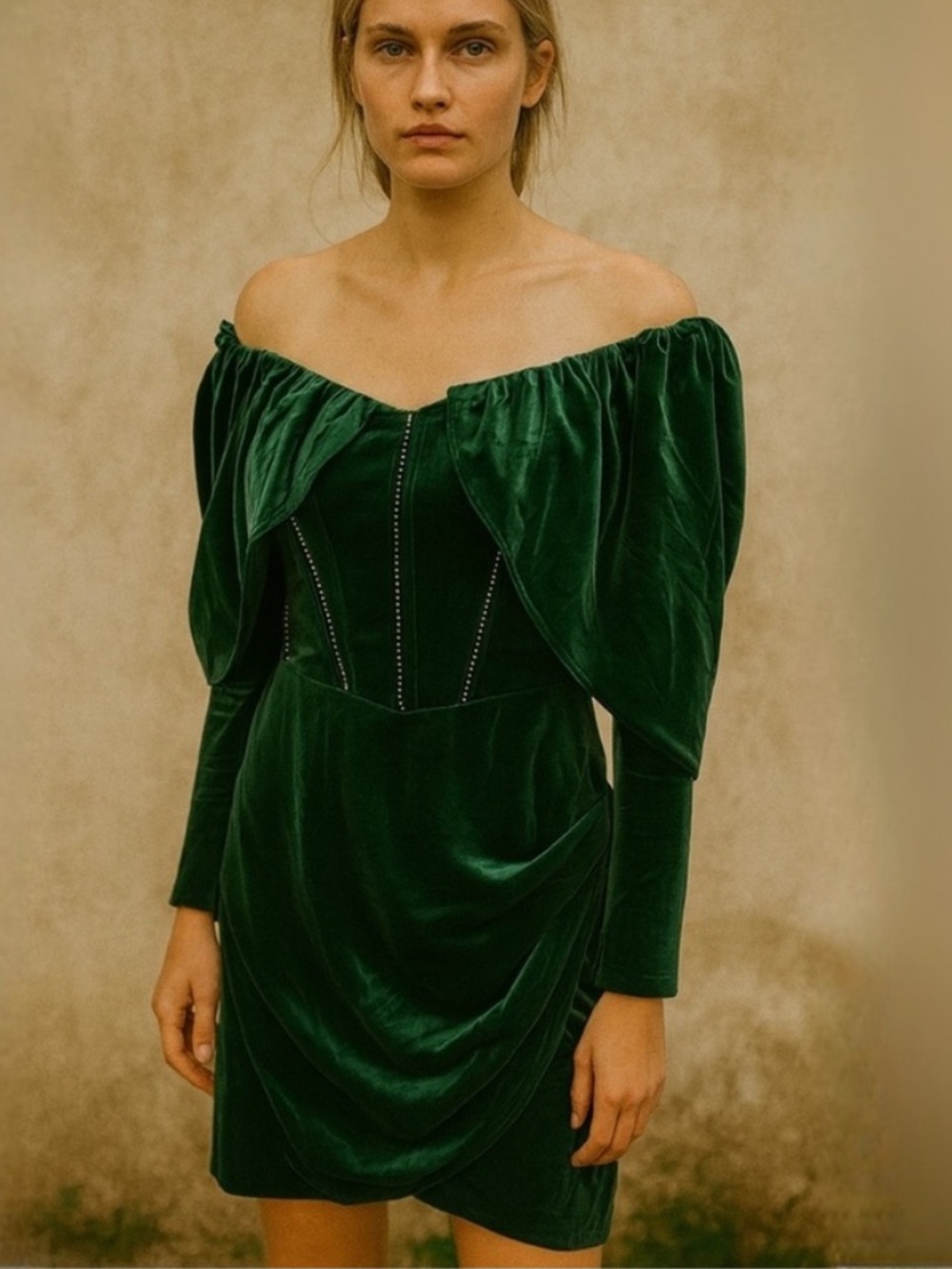 NWT Glamaker Emerald Green Velvet Beaded Off-Shoulder Rhinestone Mini Dress